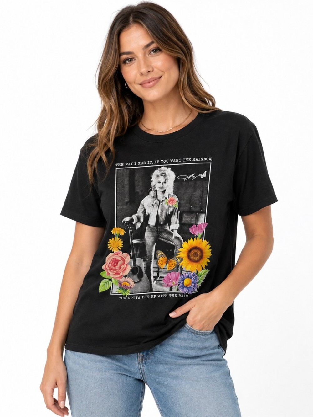 Dolly Parton “Rainbow & Rain” Graphic Tee – Women’s Large – Black Floral Country